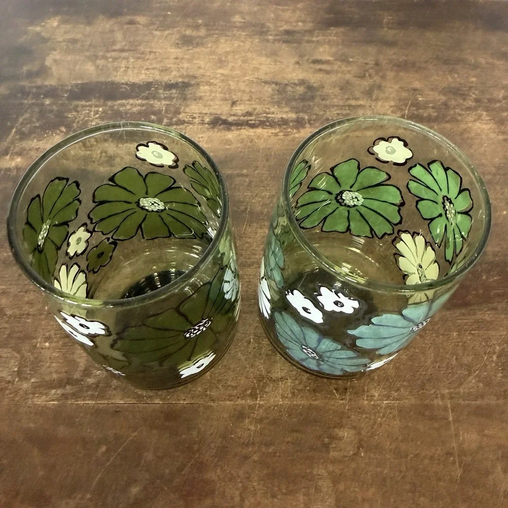 Set 2 MCM Libbey Camellia Green Daisy Glass Tumblers Vintage 1970's Replacement